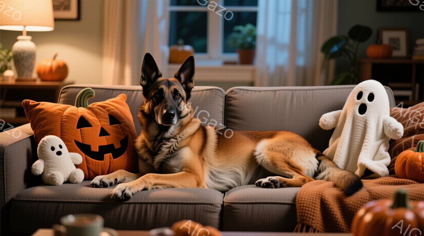 茶色と黒のジャーマンシェパードが、ハロウィーンをテーマにした装飾がされたグレーのソファに横たわっています。カボチャの形をしたクッションと、可愛らしい幽霊のぬいぐるみが犬の周りに置かれています。背景には - AI生成フリー素材