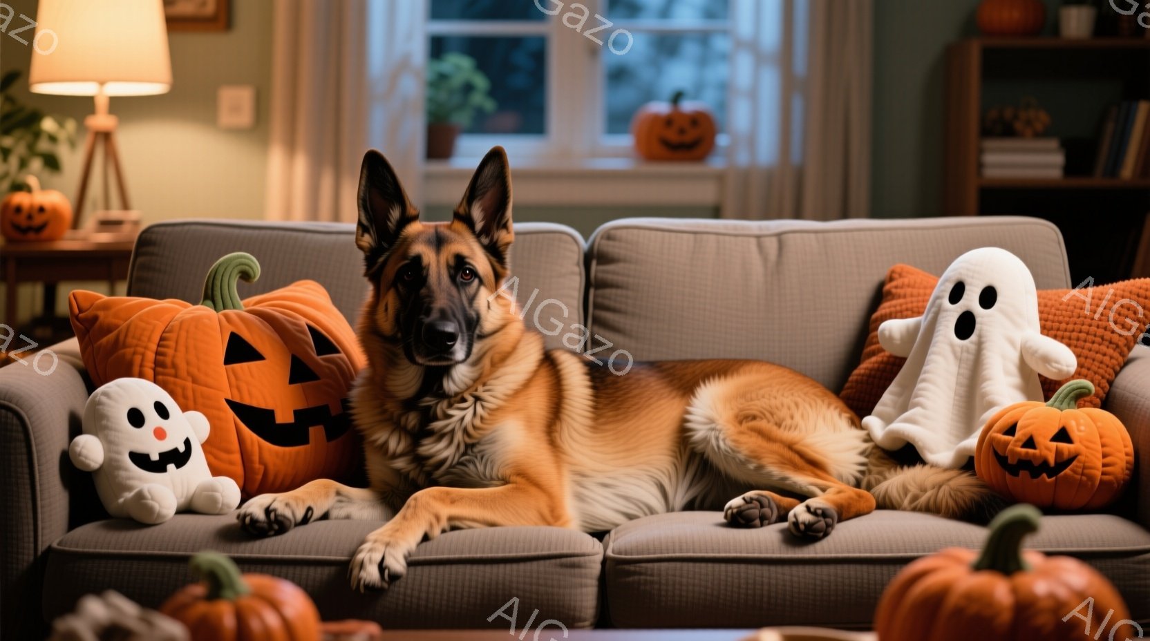 ソファに横たわるジャーマンシェパードが写っています。ハロウィーンの飾り付けであるカボチャや幽霊のぬいぐるみがソファや床に置かれており、部屋全体が秋の雰囲気に包まれています。暖色系の照明と装飾が、居心地 - AI生成フリー素材