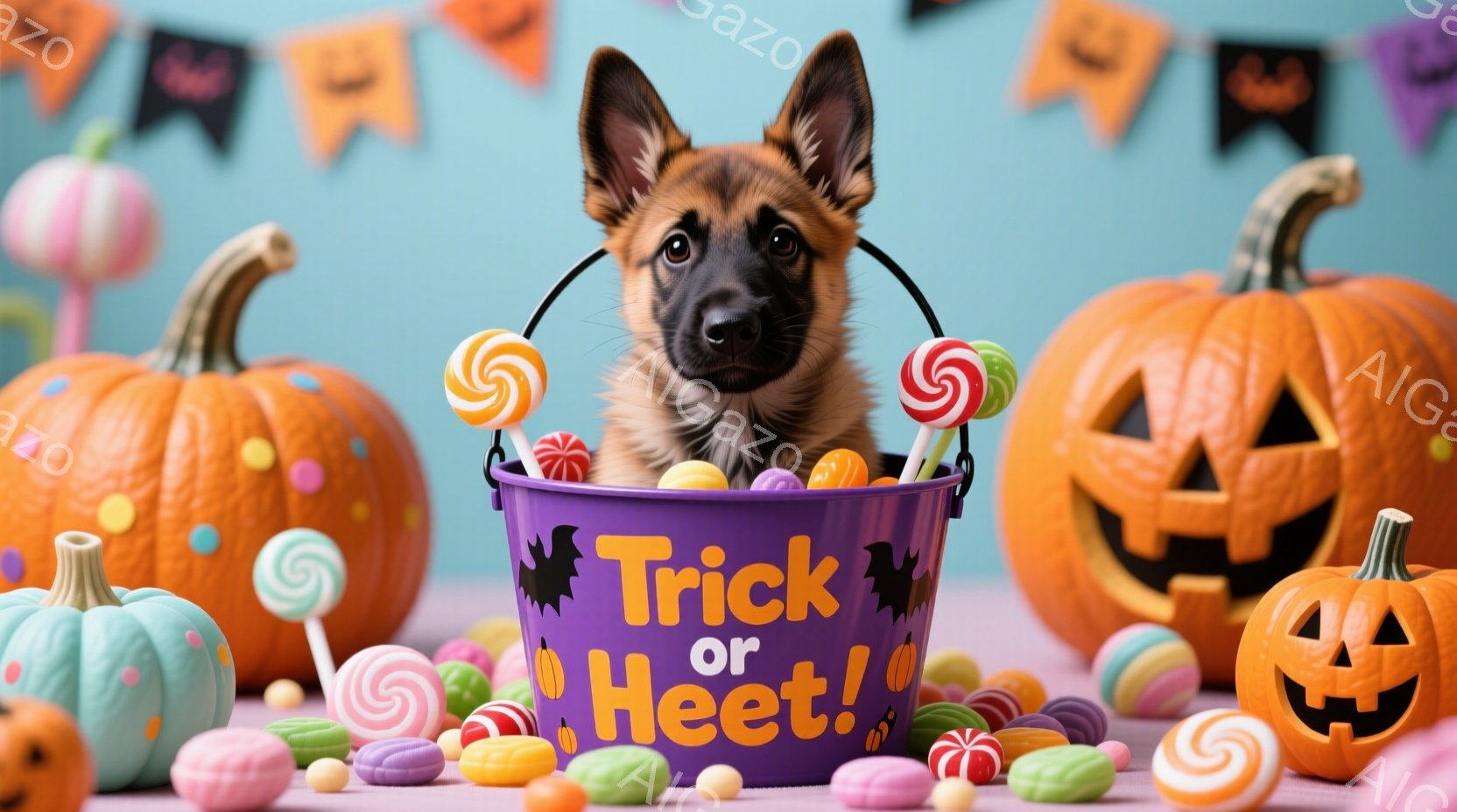 紫色の「トリック・オア・トリート」と書かれたバケツの中に、子犬が可愛らしく顔を出しています。周りには、キャンディーやカラフルなチョコレートが散らばり、背景にはジャック・オ・ランタンやハロウィーンの飾り付けが施された、お祝いムード満点のハロウィーンの光景が広がっています。全体的に明るく、遊び心に満ちた、楽しい雰囲気が伝わってきます。