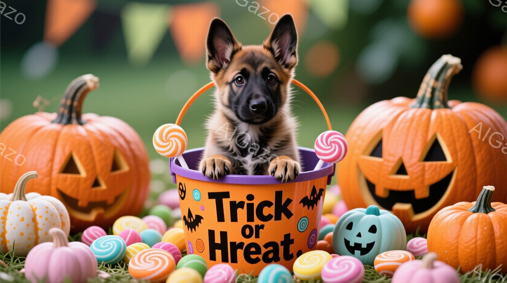 ハロウィーンをテーマにした装飾に囲まれた、小さなジャーマンシェパードの子犬が描かれています。子犬は「Trick or Treat」と書かれた紫色のバケツに座っており、周囲にはカラフルなキャンディーと彫刻されたカボチャが散らばっています。全体的に、可愛らしく楽しいハロウィーンの雰囲気を醸し出しています。