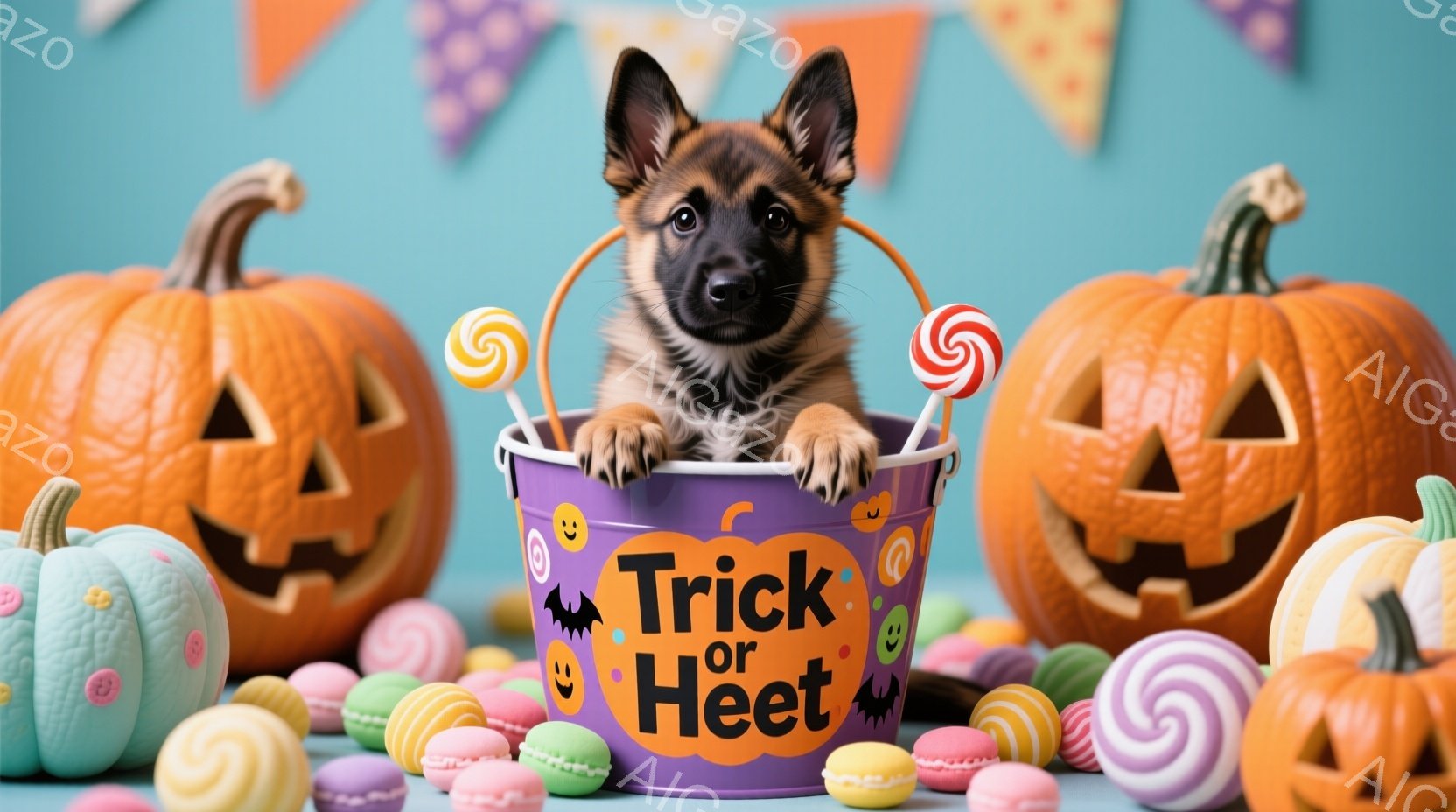 紫色のハロウィーンのバケツの中に、小さなジャーマンシェパードの子犬が座っています。バケツの中にはキャンディーやマカロンなどのカラフルなお菓子が溢れ、背景には様々な表情のジャックオーランタンが並んでいま - AI生成フリー素材
