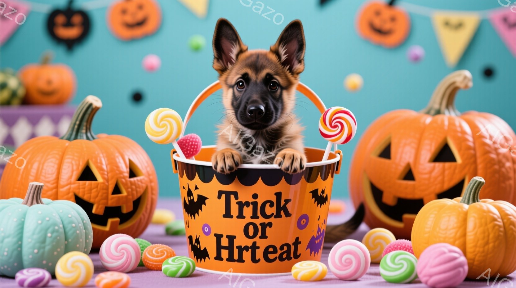 鮮やかなオレンジ色の背景に、様々な形のハロウィンカボチャとキャンディが散りばめられています。バスケットの中には、ドイツシェパードの子犬が可愛らしく顔を覗かせており、ハロウィンの「Trick or Tr - AI生成フリー素材
