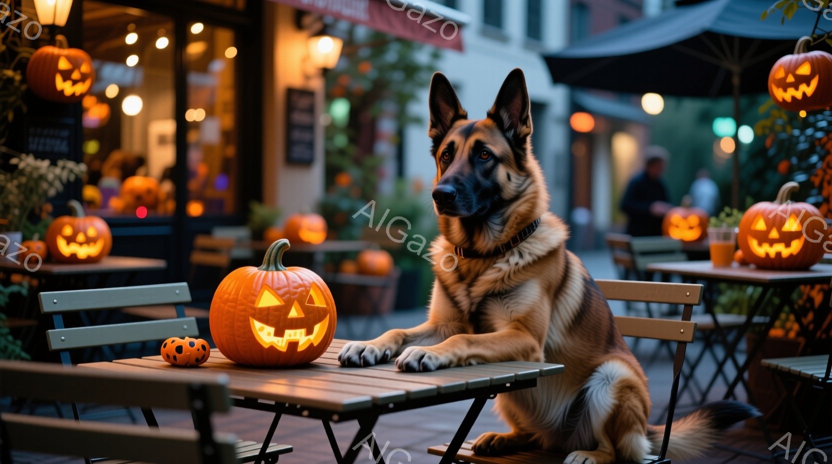 ハロウィーンの装飾が施された屋外カフェのテーブルに、ジャーマンシェパードが座っています。犬は落ち着いた表情で前を見つめ、テーブルの上にはジャック・オ・ランタンと小さなカボチャが飾られています。背景には - AI生成フリー素材