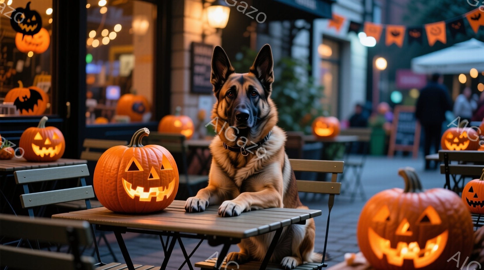 ハロウィーンの装飾が施されたカフェの屋外席に、ジャーマンシェパードが座っています。犬は落ち着いた表情で正面を見つめ、テーブルの上には数個のジャック・オ・ランタンが置かれています。背景には、ライトアップ - AI生成フリー素材