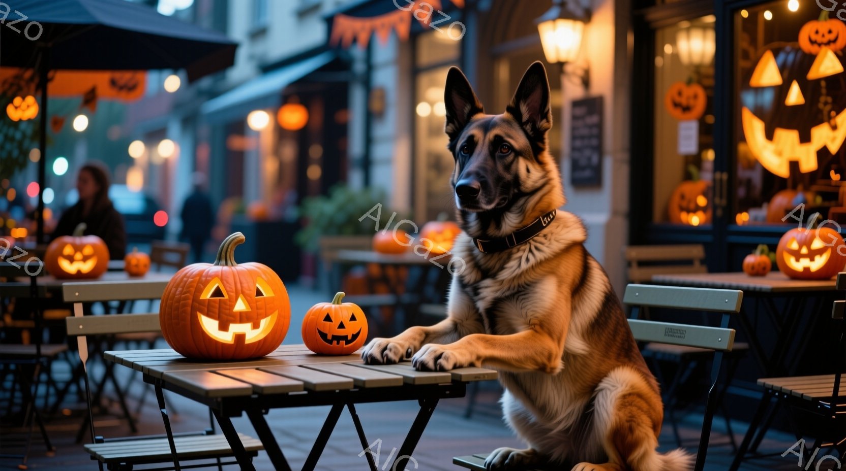 ハロウィーンの装飾が施された屋外のカフェのテーブルに、ジャーマンシェパードが座っています。オレンジ色の提灯や彫刻されたカボチャがテーブルや背景に配置され、秋の夜の温かくお祝いの雰囲気を作り出しています - AI生成フリー素材