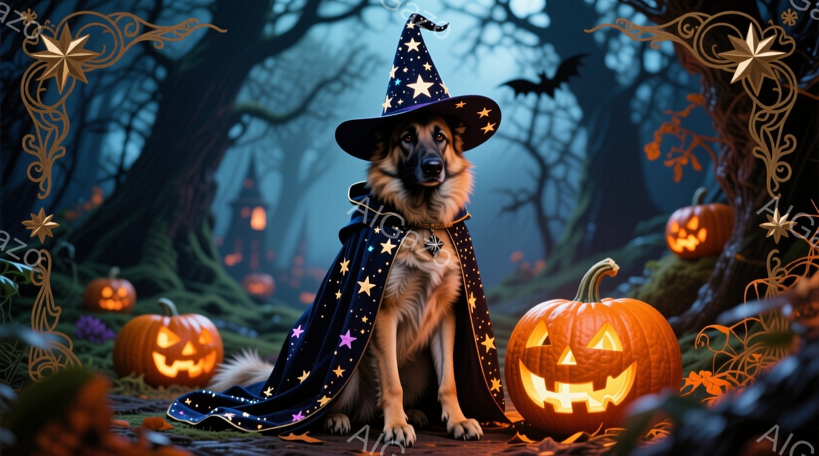 鮮やかなオレンジ色の毛並みを持つジャーマンシェパードが、星が散りばめられた黒い魔女の帽子とマントを身に着けて座っています。周囲には、不気味な笑顔を浮かべたジャック・オー・ランタンが並び、背後にはシルエットのような古城とねじれた木々が広がっています。全体的に、ハロウィーンの夜を思わせる神秘的で少し不気味な雰囲気が漂っています。