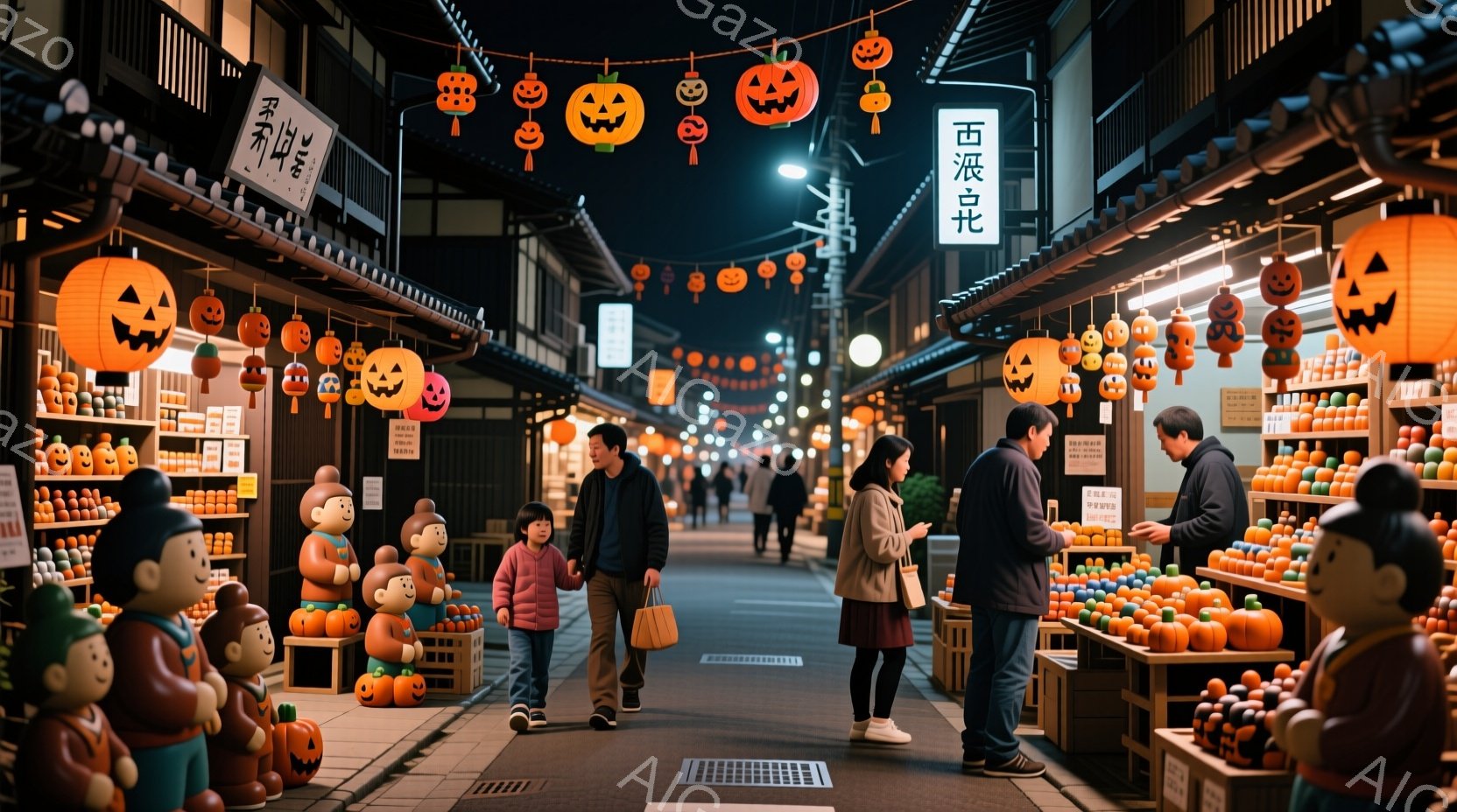 石畳の道に沿って、かぼちゃの置物が並んだお店が連なっています。人々は冬の服装で、一部はかぼちゃの置物を眺めたり、購入したりしています。夜の街並みはオレンジ色の光で彩られ、秋祭りのような、暖かく賑やかな雰囲気が漂っています。