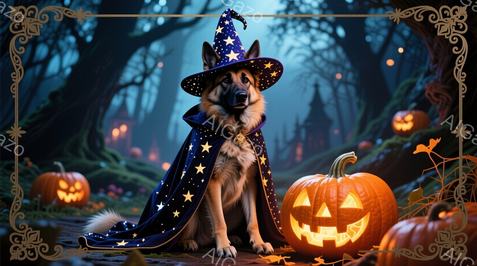 ドイツシェパード犬が、星が刺繍された濃い青色のマントと先のとがった魔女帽子を身につけ、威厳のある表情で正面を見つめている。周囲には、ジャック・オ・ランタンが灯り、薄暗い森の中の道を照らしている。全体的 - AI生成フリー素材