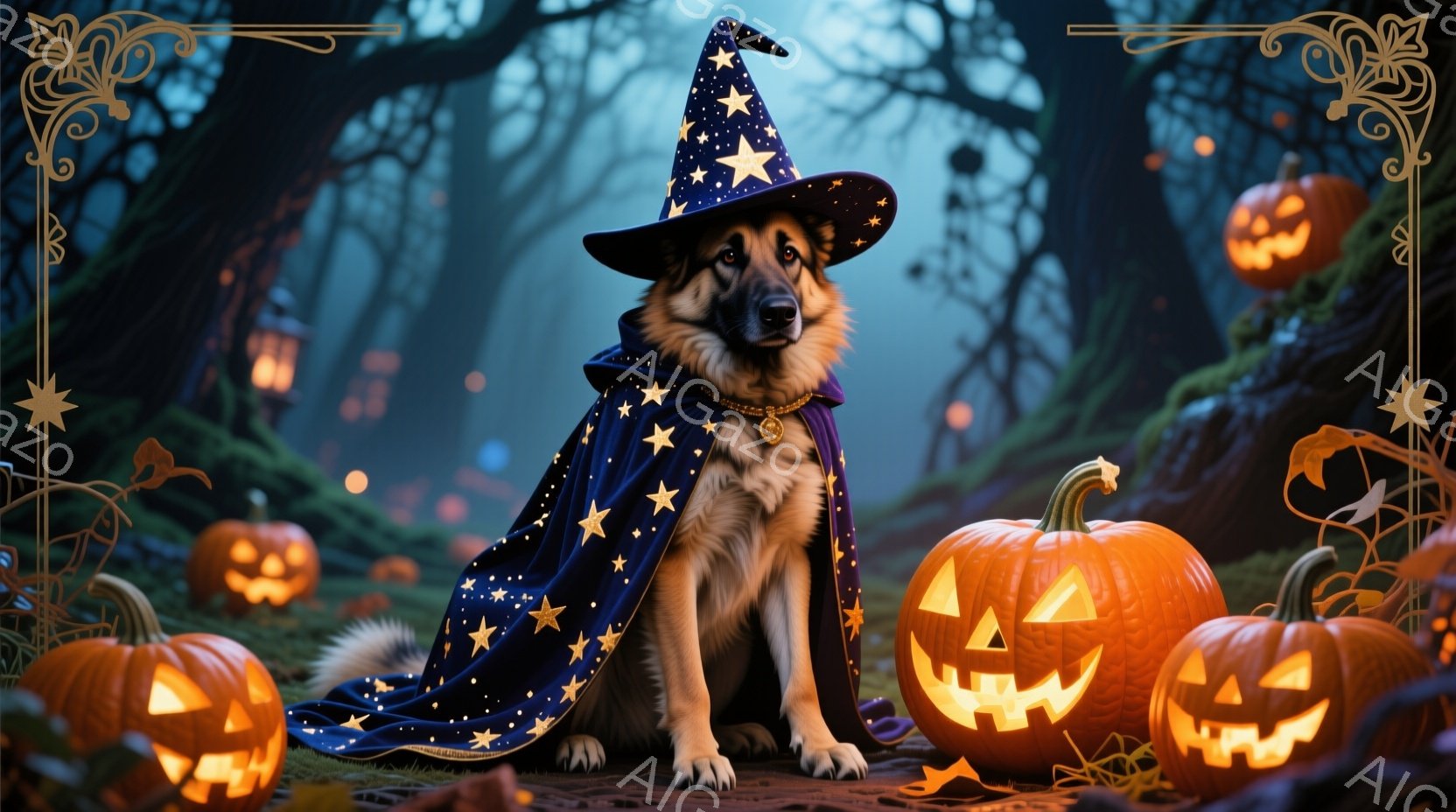 長毛のシェパード犬が、星が散りばめられた青い魔法使いのローブと帽子を身につけて座っています。背景には、ジャック・オー・ランタンが点灯し、霧深い森の中でハロウィーンの雰囲気が漂っています。犬は正面をまっすぐ見ており、少しいたずらっぽい表情を浮かべています。