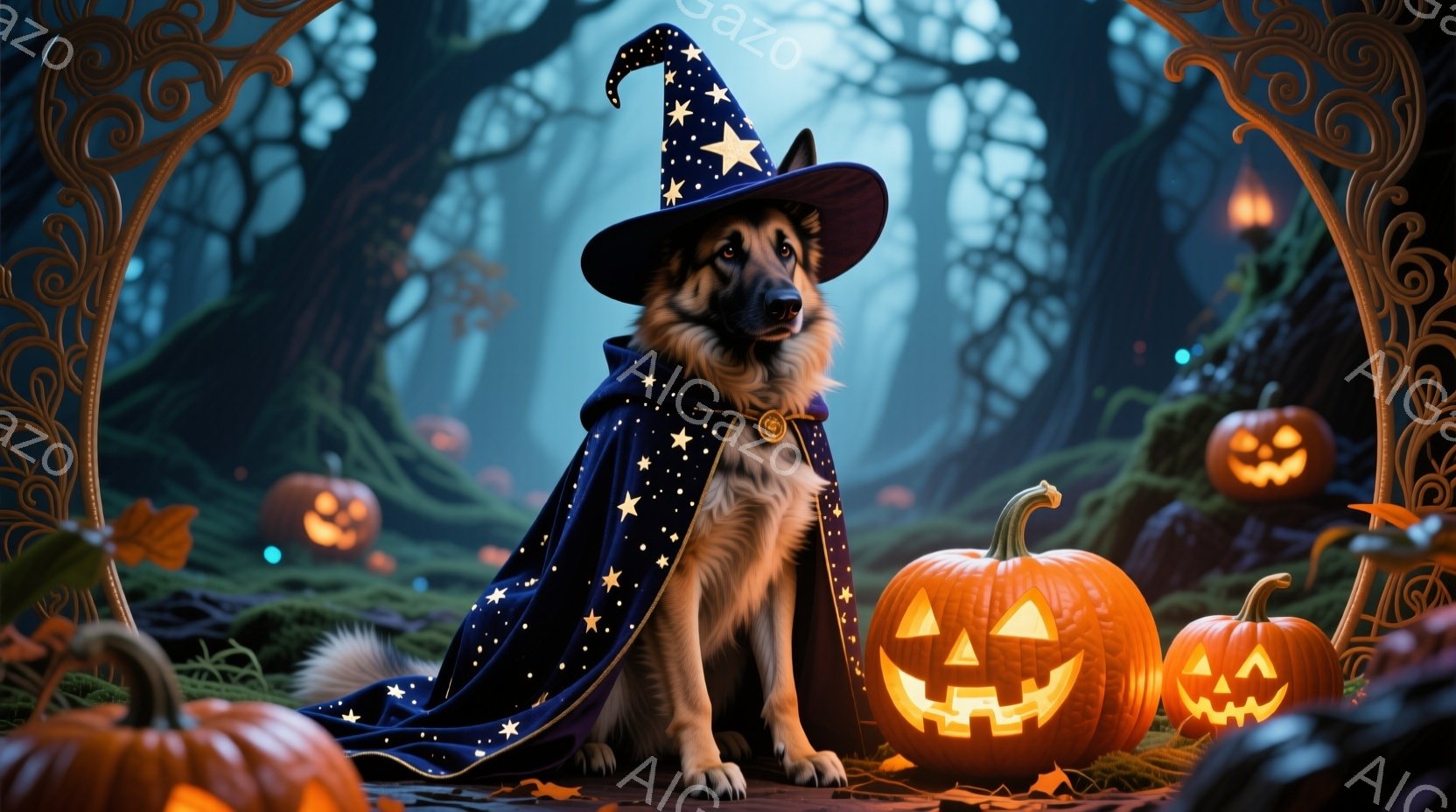 黒と茶色の毛並みを持つシェパード犬が、星が散りばめられた濃い青色のローブと先のとがった帽子を身に着け、座っています。背景には、オレンジ色に光るジャック・オー・ランタンが複数並び、深い森の奥に広がる不気味な雰囲気のハロウィーン夜を表現しています。木々の間から薄く光る月明かりが、幻想的で少し怖いムードを高めています。