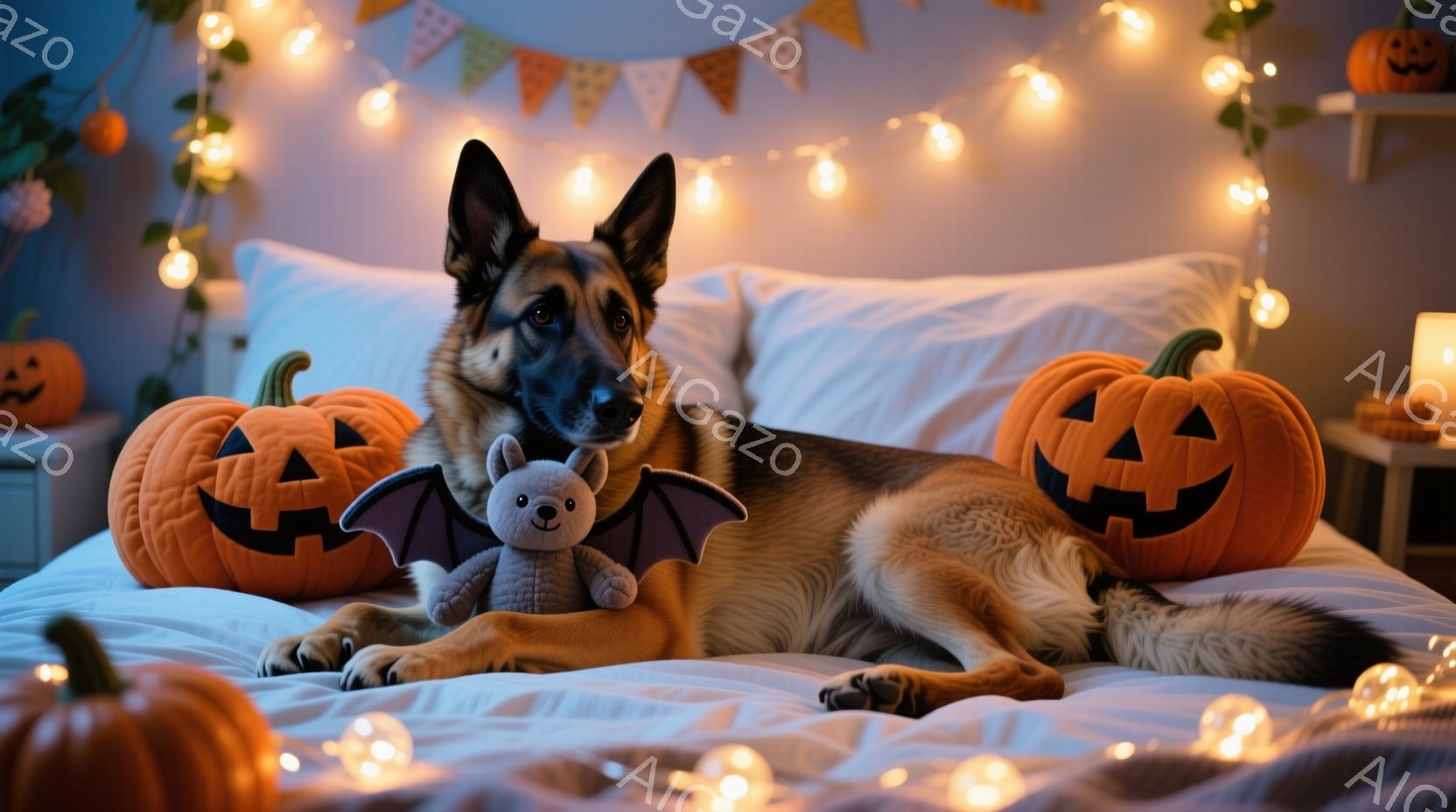 黒と茶色のジャーマンシェパードがベッドに横たわり、ハロウィーンの装飾に囲まれています。その隣には、コウモリのぬいぐるみが置かれ、背景にはオレンジ色のカボチャが配置され、温かい光が全体を包み込んでいます - AI生成フリー素材