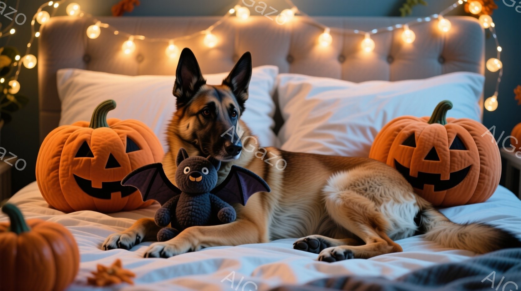 ハロウィーンの飾り付けがされたベッドの上に、ジャーマンシェパードが横たわっています。犬はリラックスした表情で、隣にはコウモリのぬいぐるりと、ジャック・オー・ランタンの置物が並んでいます。背景にはオレン - AI生成フリー素材