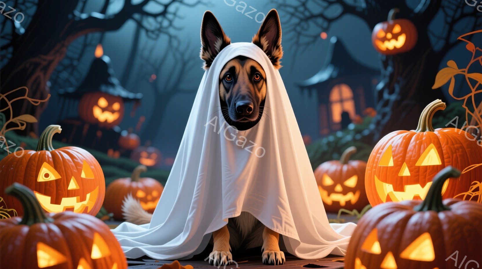 黒い毛並みのジャーマンシェパードが白い布をまとい、ハロウィーンの仮装をしている。背景には、不気味な笑みを浮かべたジャック・オー・ランタンが複数並び、暗く陰鬱な夜の森が広がっている。全体的に、おどけて可 - AI生成フリー素材