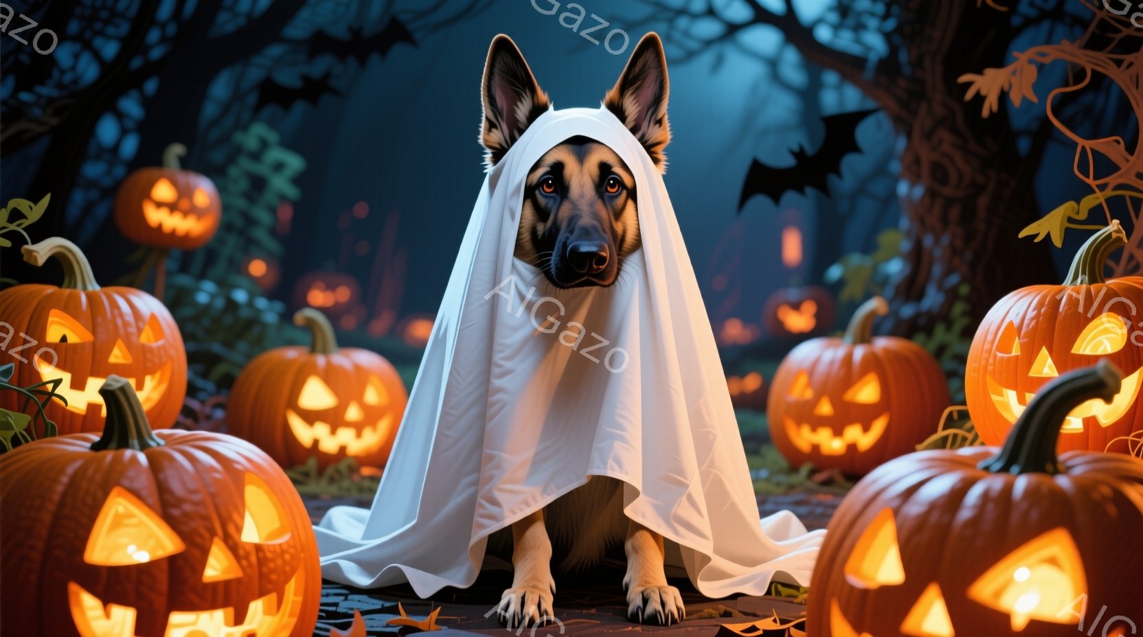 ハロウィーンの夜を思わせる画像で、ドイツシェパードが白い布を羽織って座っています。周囲にはジャックオーランタンが並び、暗い森と夜空が背景に広がっています。全体的に不気味でありながらも愛らしい、お祭りの - AI生成フリー素材