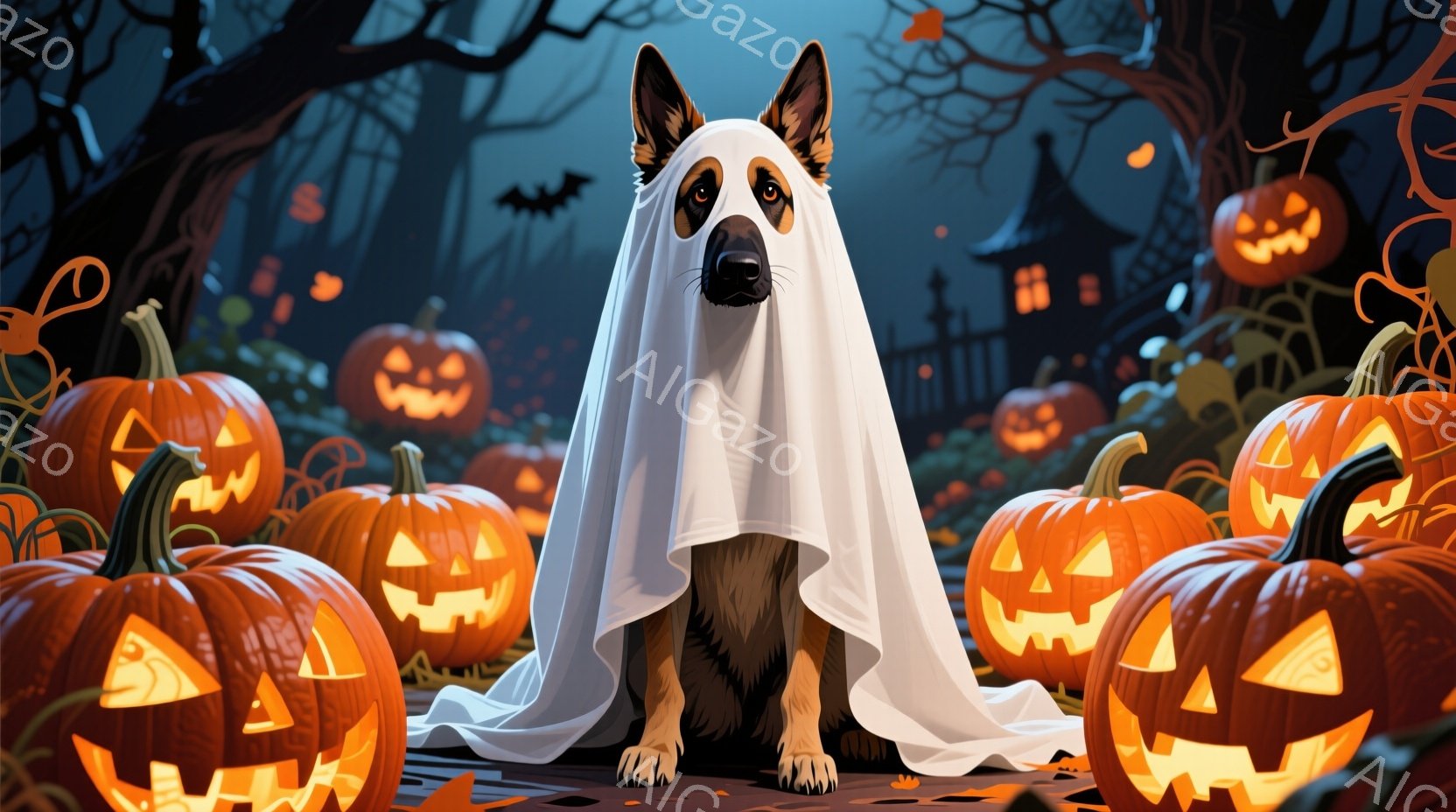 ハロウィーンの夜、ドイツシェパードが白い布をまとい、まるで幽霊のように座っています。周りにはたくさんのジャック・オ・ランタンが並び、背景には不気味な屋敷と黒い木々が広がっており、ハロウィーンらしいおど - AI生成フリー素材