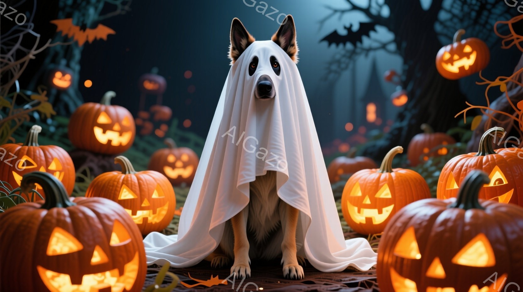 白い毛並みのシェパード犬が、ハロウィーンの仮装として白い布を身にまとい、少し困ったような表情で座っています。背景には、様々な大きさのジャック・オ・ランタンが所狭しと並び、遠くにはお城のような建物が見え - AI生成フリー素材