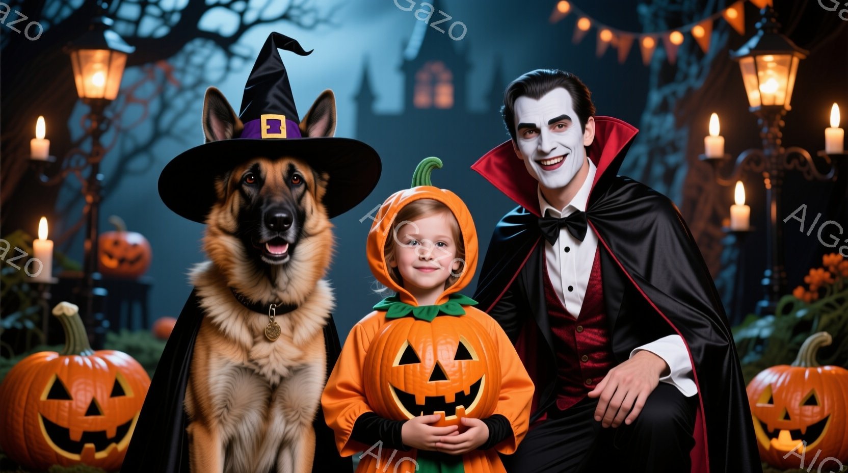 ハロウィーンの夜を思わせる写真で、左からシェパード犬が魔女の帽子を被り、中央にはカボチャの衣装を着た少女、右にはドラキュラ風の衣装を着た男性が写っています。3人は少し微笑んでおり、背景にはジャック・オ - AI生成フリー素材