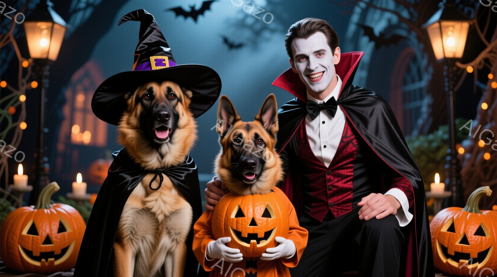 ハロウィーンをテーマにした写真で、黒いマントとベスト、白いシャツを着た男性が、魔女帽子をかぶったジャーマンシェパードの横に座っています。男性はニヤニヤと笑い、犬は顔にジャックオーランタンを抱えています - AI生成フリー素材