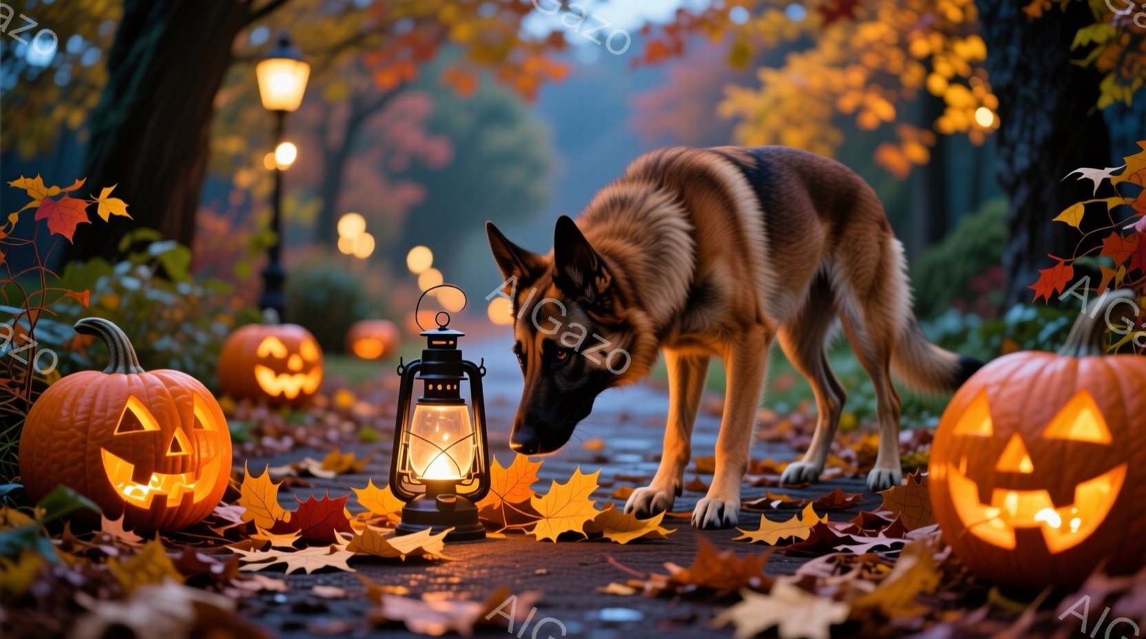 ハロウィーンの飾り付けが施された遊歩道に、ジャーマンシェパードが佇んでいます。背景にはジャック・オー・ランタンや落ち葉が散らばり、提灯が暖かな光を灯しています。秋の夕暮れを思わせる、幻想的で温かい雰囲 - AI生成フリー素材
