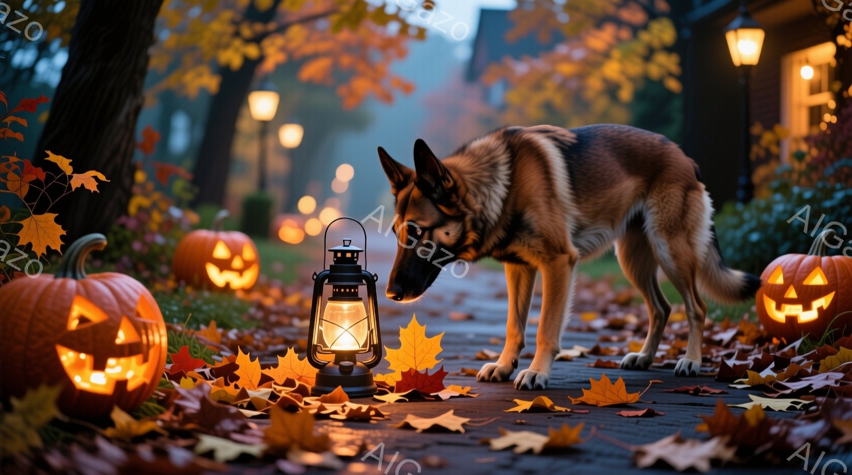 ハロウィーンの夜、切り株の上に彫られたジャック・オー・ランタンが並び、落ち葉が散らばる道に、ジャーマンシェパードが佇んでいます。背景にはぼんやりと建物が見え、木々の間から灯りが差し込み、全体的に暖かく - AI生成フリー素材