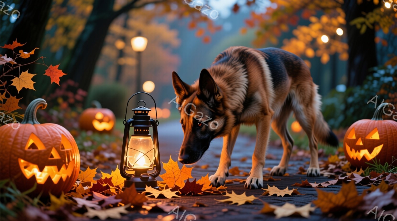 舗装された道に落ち葉が散らばり、ハロウィーンの飾り付けであるカボチャが左右に配置されている。ジャーマンシェパードが、点灯したランタンのすぐそばで鼻を近づけ、興味深そうに匂いを嗅いでいる。背景には木々が立ち並び、暖かく穏やかな秋の夜の雰囲気を作り出している。