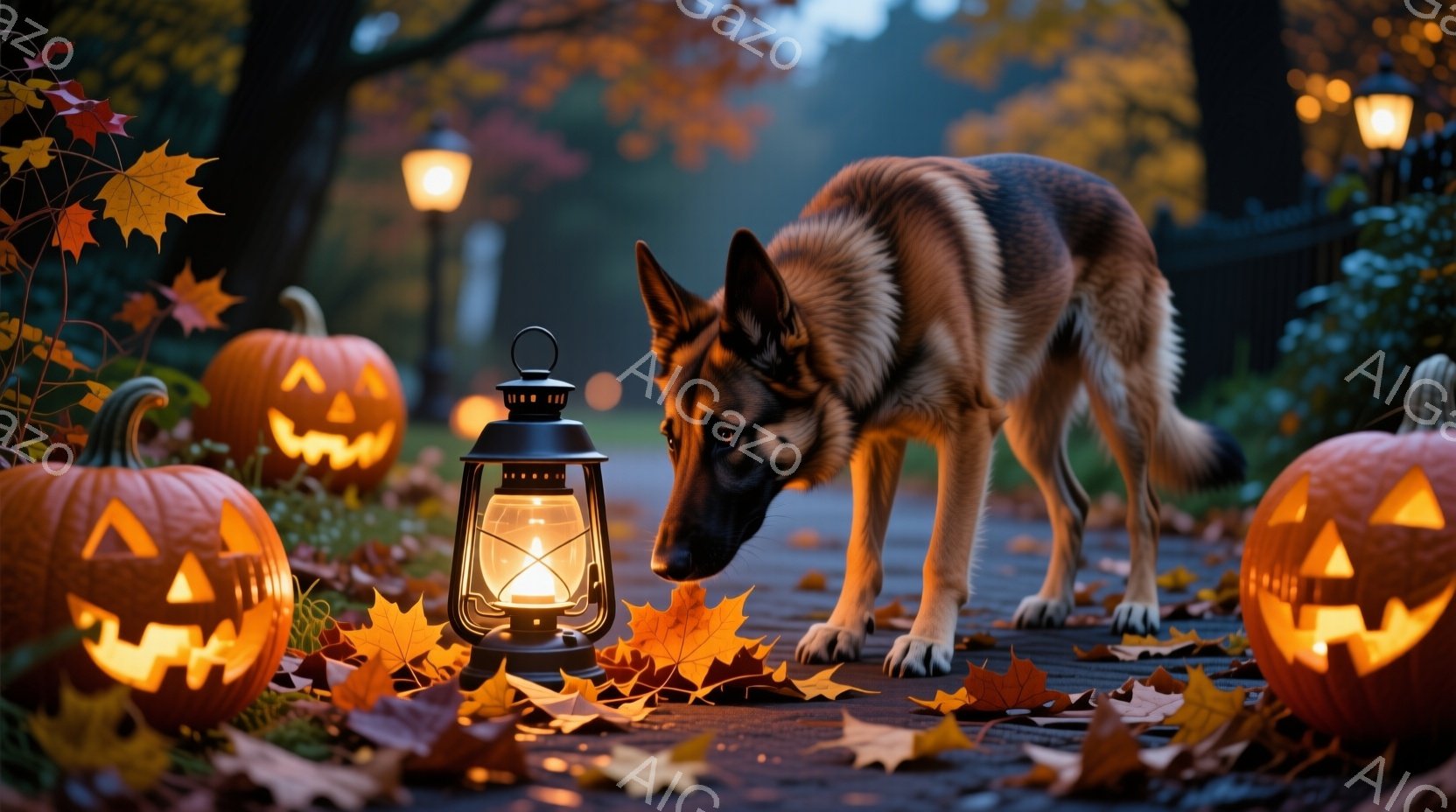 秋の風景を思わせる場所で、大きな jack-o'-lanterns（お化け灯）が点在する歩道を歩くドグ。それは大型犬種の可能性があり、顔には耳が立っていて、目が尖っている。彼は仕事をしており、彼の身体は直立して、鼻を高くつき出す。背景には、暗い空と墨色の枝があります。総合的な印象としては、楽しさや驚きのようなものを感じることができると思われます。