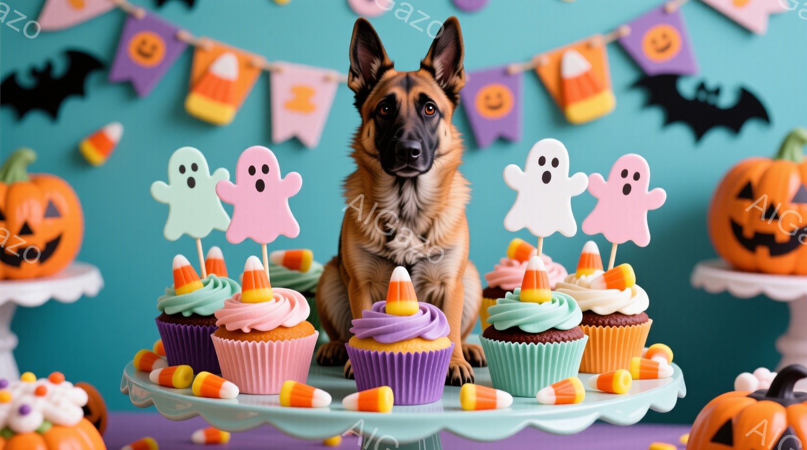ハロウィーンをテーマにしたカップケーキとキャンディの盛り合わせの前に座る、ジャーマンシェパードが写っています。カップケーキはピンク、オレンジ、紫の色をしており、それぞれに小さなゴースト型のトッパーとキャンディコーンが飾られています。背景は明るいターコイズブルーで、オレンジ色のカボチャのランタンとハロウィーンの旗が飾られ、お祭り気分を演出しています。