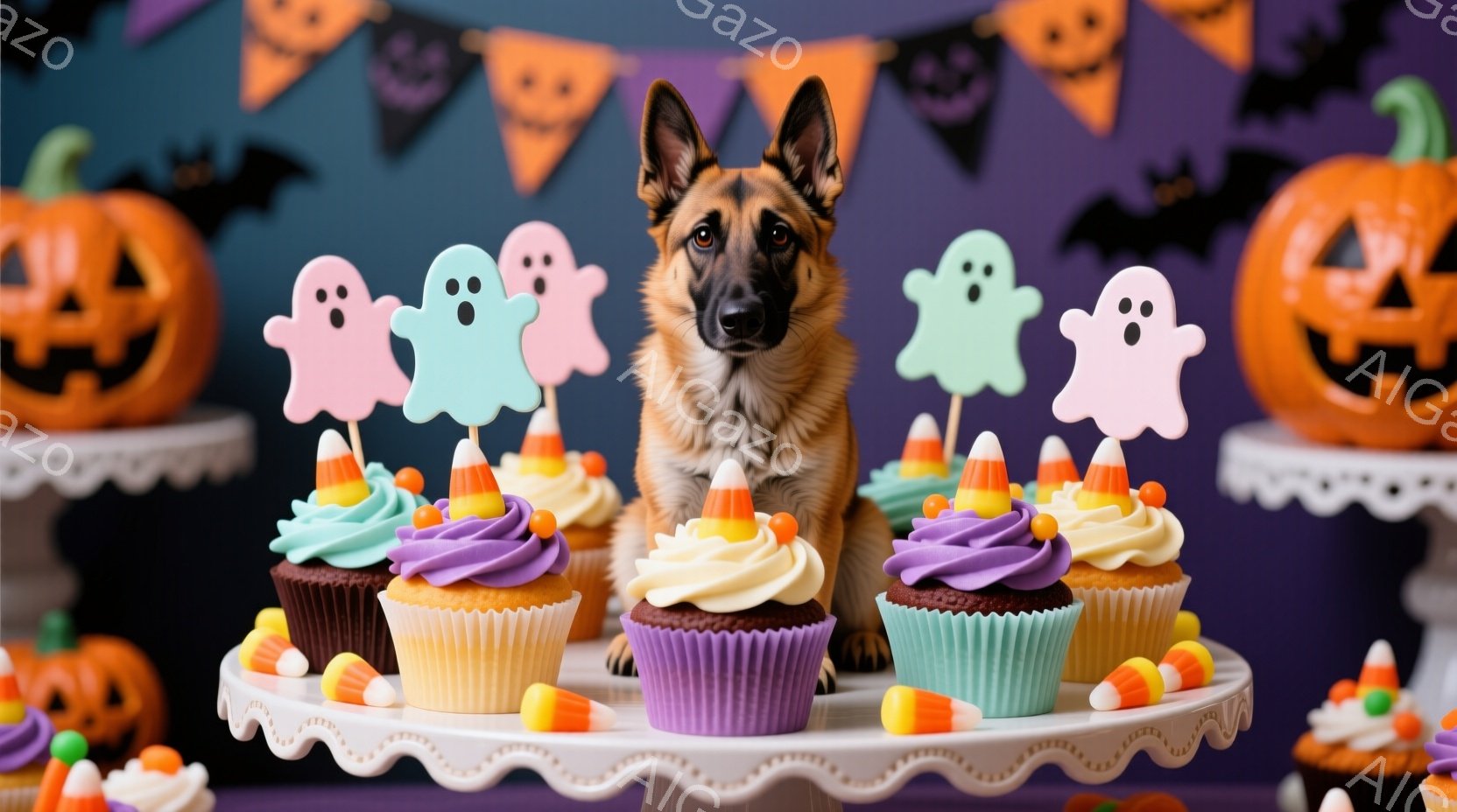ハロウィーンをテーマにした画像で、中央にはドイツシェパードが座っています。周りにはオレンジ、紫、水色のクリームが飾られたカップケーキと、可愛らしいお化けの飾り、そしてキャンディコーンが並べられています - AI生成フリー素材
