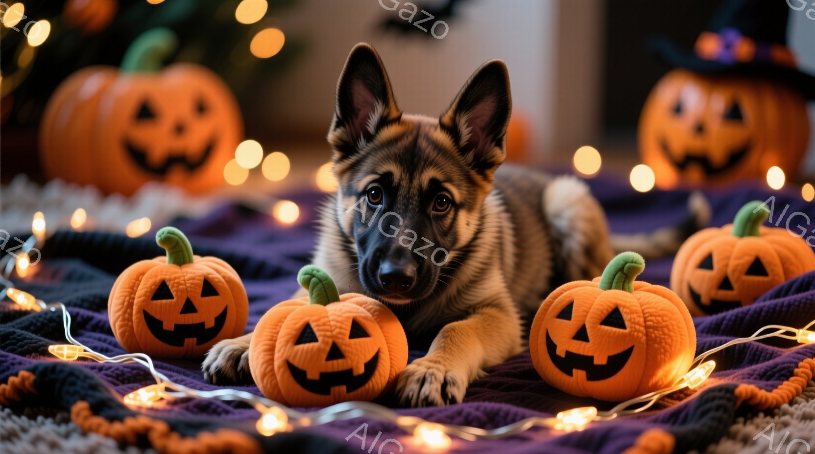 黒と茶色のジャーマンシェパードの子犬が、ハロウィーンの飾りであるオレンジ色のジャック・オー・ランタンに囲まれて横たわっています。子犬はリラックスした様子で、少し上目遣いをしています。背景にはぼんやりとハロウィーンの装飾と、暖色系のライトが点在しており、温かく幻想的な雰囲気を醸し出しています。