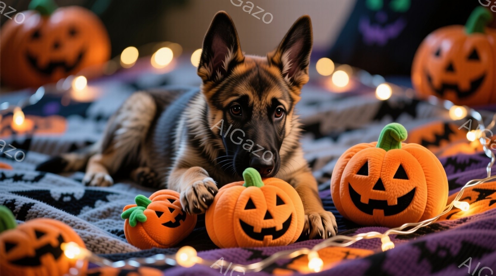 黒と茶色のジャーマンシェパードの子犬が、ハロウィーンの装飾であるオレンジ色のカボチャのぬいぐるみと一緒になって紫色と黒の模様の毛布の上に横たわっています。子犬は前足を一つカボチャの上に置き、リラックス - AI生成フリー素材