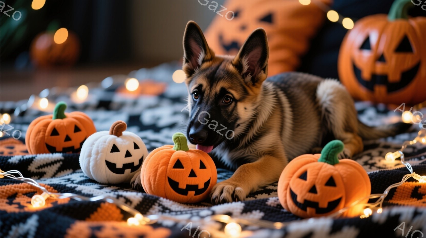 ハロウィンのイメージを使った様々なハロウィンの小物を集めた場所にドイツシェパードが座っているというスタイルです。人物は見えませんが、その代わりに、犬が前に出ています。犬は目を閉じて、舌を浮かべたり、首の筋肉を見せるなどといった表情をしているようです。背景には多くのハロウィンの小物があり、それらを足元に置いております。全体の雰囲気は明るく楽しげで、暖かな雰囲気があります。