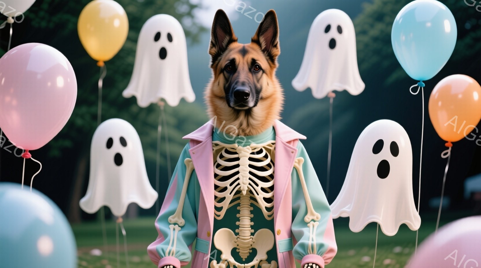 ハロウィーンの装飾に囲まれたジャーマンシェパードが写っています。犬は骨格模様のシャツとピンク色のジャケットを着ており、少し前を向いて凛々しい表情をしています。背景には、パステルカラーの風船と幽霊の飾り - AI生成フリー素材