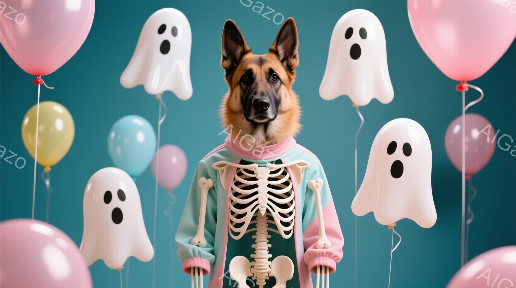 ドイツシェパード犬がハロウィーンの衣装を着て正面を見つめている。その衣装は、ピンクとターコイズブルーのセーターに白骨格のデザインが施されており、少しユーモラスな印象を与える。背景には、ピンク、水色、黄 - AI生成フリー素材