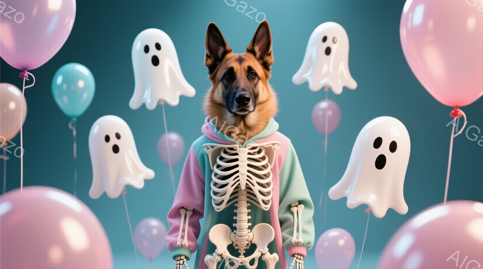ハロウィーンの飾り付けられた背景に、衣装を着たジャーマンシェパードが写っています。犬は骨格柄のパーカーを着ており、少し驚いたような表情をしています。背景には、ピンクや水色の風船と、可愛らしいお化けが浮 - AI生成フリー素材