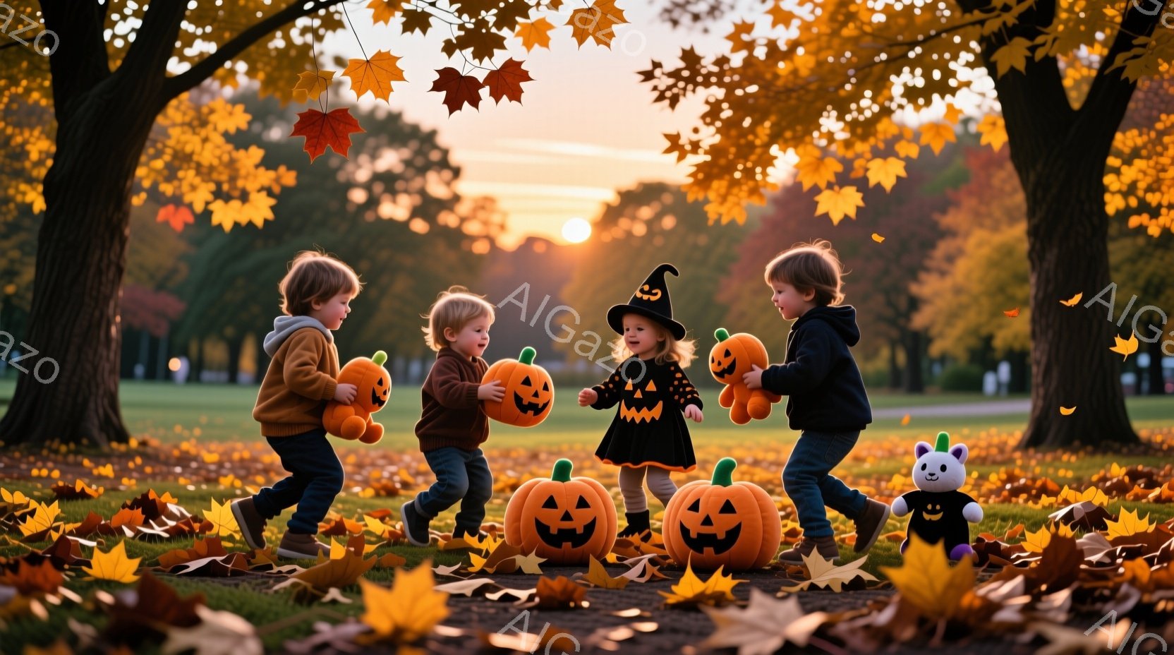 ハロウィンの衣装を着た幼い子供たちが、芝生の上に置かれたジャック・オ・ランタンの周りを走り回っています。子供たちはそれぞれ異なる服装で、興奮した表情を浮かべ、秋の太陽が差し込む公園で楽しんでいる様子で - AI生成フリー素材