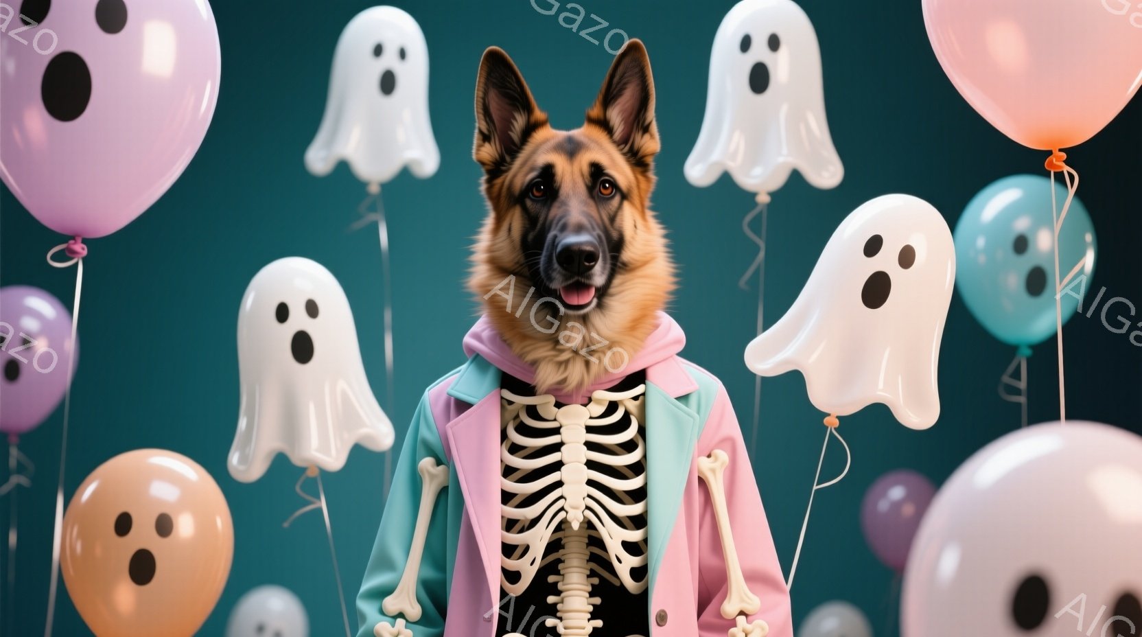 ガイコツ柄のパーカーを羽織ったジャーマンシェパードが写っています。犬は正面をまっすぐ見つめ、少し笑っているような表情をしています。背景には、パステルカラーの幽霊の風船が浮かび、お祝いの雰囲気とハロウィ - AI生成フリー素材