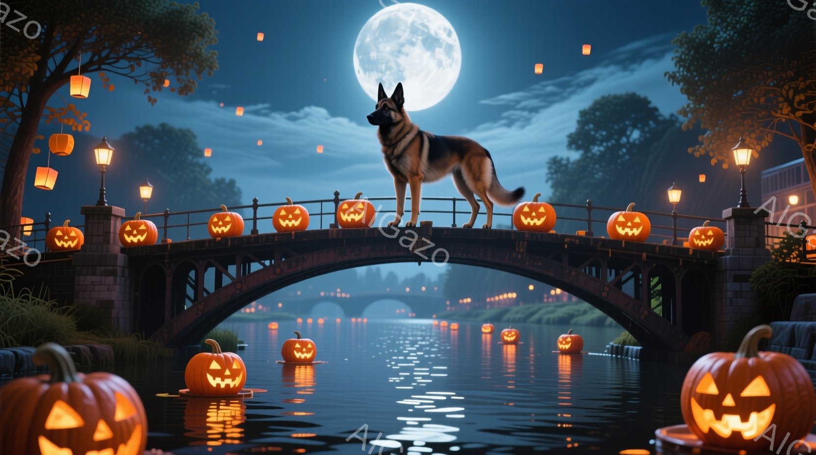 夜の運河にかかるアーチ橋の上で、ジャーマンシェパードが誇らしげに立っている。橋や水面にはたくさんのジャック・オ・ランタンが浮かび、満月が背景を照らし出し、ハロウィーンの幻想的な雰囲気を醸し出している。運河沿いには建物が並び、夜空には星が輝き、神秘的で静かな夜の情景が広がっている。