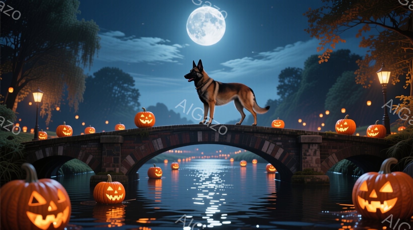 一頭のジャーマンシェパードが、ハロウィーンの飾りが施された石橋の中央に堂々と立っている。橋の下の川には、さまざまな大きさのジャック・オ・ランタンが浮かび、橋の両側にはライトアップされたカボチャが並び、 - AI生成フリー素材