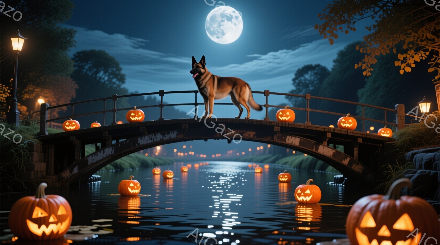 夜の川にかかるアーチ橋の上に、ジャーマンシェパードが堂々と立っている。橋や川面には、不気味に光るジャック・オ・ランタンが浮かび、満月が夜空を照らし出す、ハロウィーンらしい幻想的な雰囲気が漂っている。周囲は木々に囲まれ、水の反射が美しい夜の光景を際立たせている。