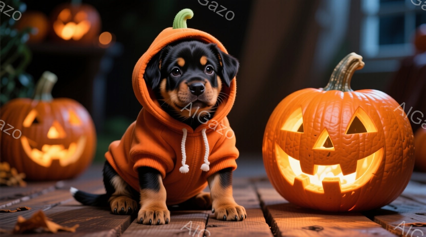 小さな子犬がオレンジ色のパーカーを着て、木製のデッキに座っています。パーカーの紐が可愛らしく、子犬は前を見つめ、少し不安そうな表情をしています。背景には、ジャック・オー・ランタンが複数配置され、ハロウ - AI生成フリー素材