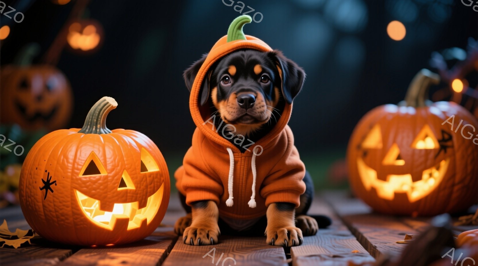 小さな子犬がハロウィーンの衣装を着て、板の上に座っています。オレンジ色のパーカー型の衣装は、フードと紐が付いており、子犬の可愛らしさを引き立てています。背景には、ジャック・オー・ランタンが飾られており - AI生成フリー素材