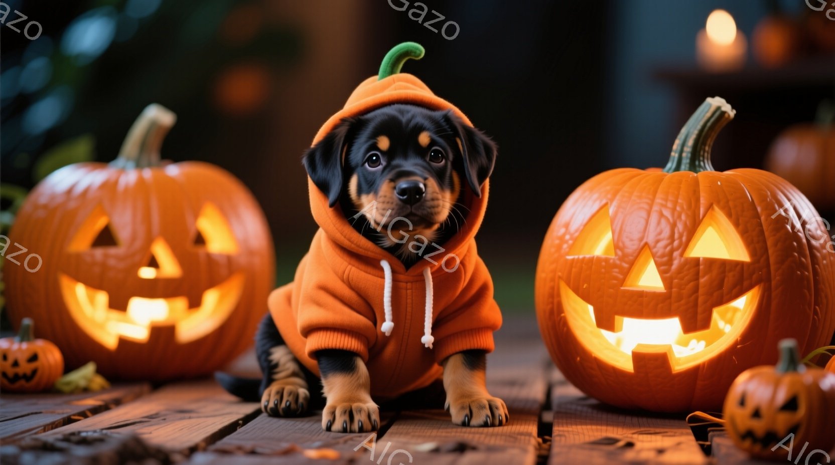 小さな子犬がオレンジ色のパーカーを着て、彫刻されたハロウィーンのジャック・オー・ランタンに囲まれて木製のデッキの上に座っています。子犬はカメラに向かってまっすぐ見つめ、好奇心と遊び心のある表情をしてい - AI生成フリー素材