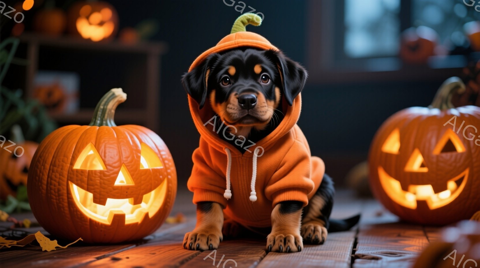 小さな黒い子犬がハロウィーンの衣装であるオレンジ色のカボチャのパーカーを着ています。子犬は前足を前に出し、地面にひざまずいて座っており、少し前を見つめています。背景には、点灯したカボチャのランタンと、ぼやけた木製の棚が見え、全体的に暖かく、お祝いムードのハロウィーンの雰囲気です。