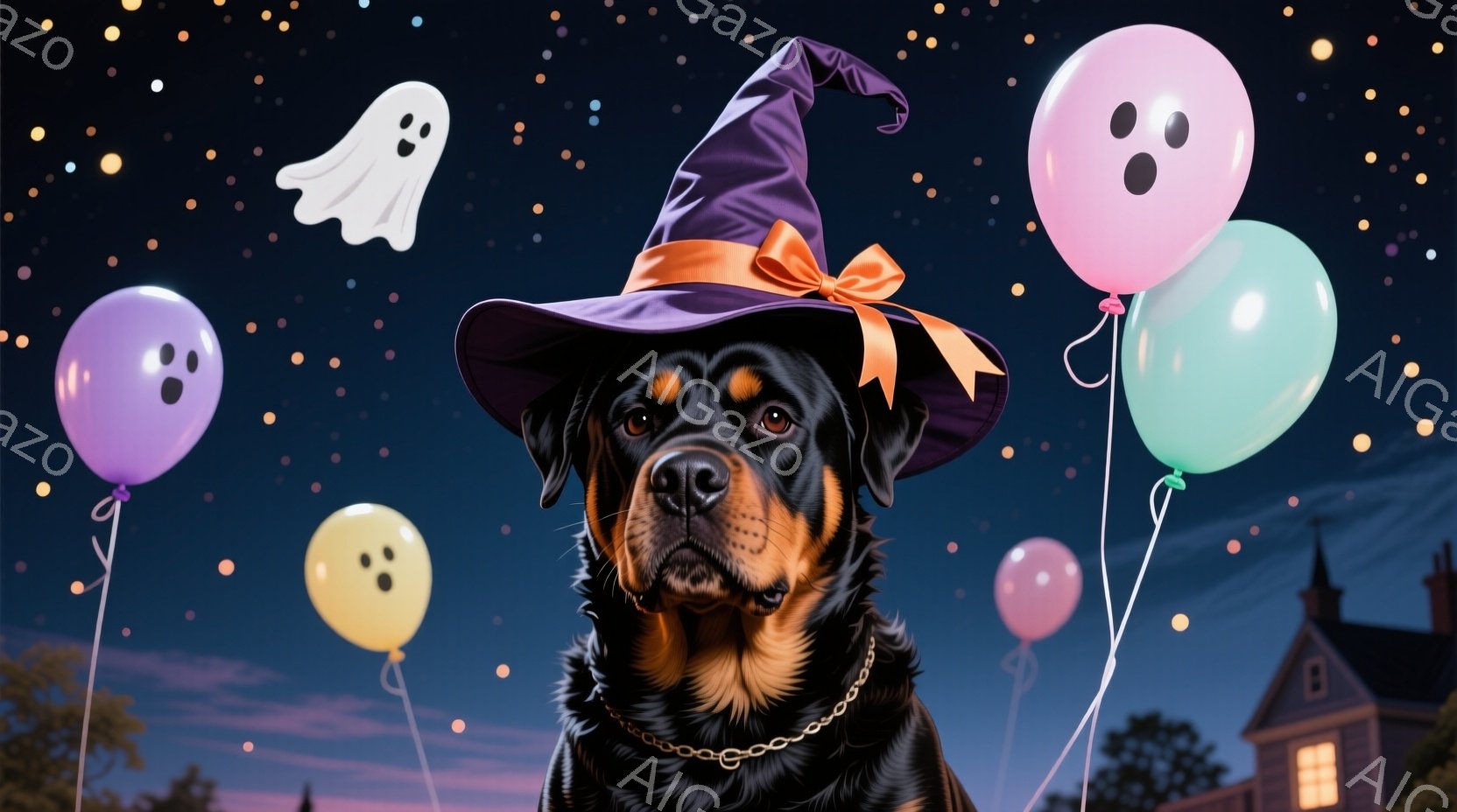 黒い毛並みのロットワイラーが、オレンジ色のリボンが付いた黒い魔女帽子を被っています。その表情は穏やかで、どこか誇らしげです。背景には、夜空に浮かぶ可愛いお化けやパステルカラーの風船、そして遠くに見える屋根裏部屋のある家があり、ハロウィーンの楽しい雰囲気が漂っています。