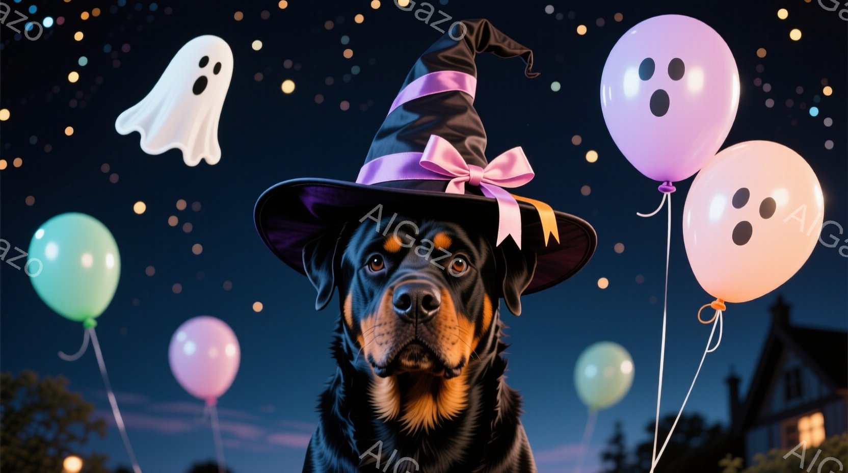 黒い毛並みのドーベルマンが、紫のリボンが付いた黒い魔女帽子を被り、カメラに向かって正面を見つめています。背景には、お化けのような風船や、ぼんやりとした家のシルエット、そして夜空に散らばる星々が見え、ハ - AI生成フリー素材