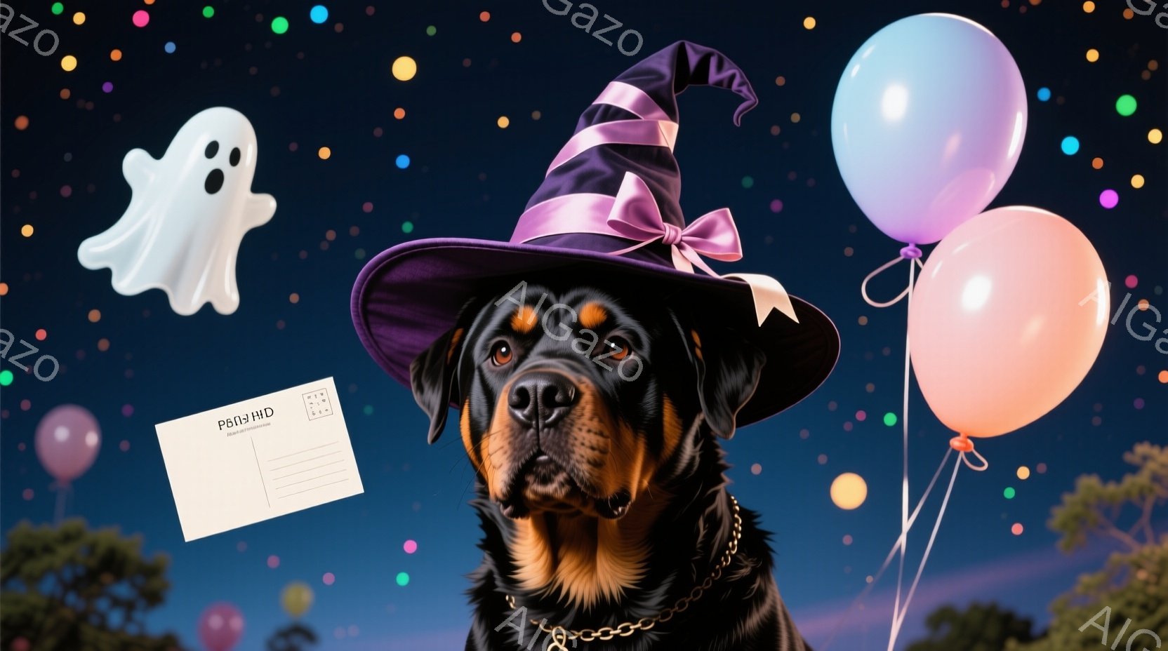 黒い犬が魔女の帽子をかぶって正面を見つめています。背景には、パステルカラーの風船や幽霊が浮かび、緑豊かな木々が見えます。ハロウィーンの楽しい雰囲気が漂う、遊び心のある画像です。 - AI生成フリー素材