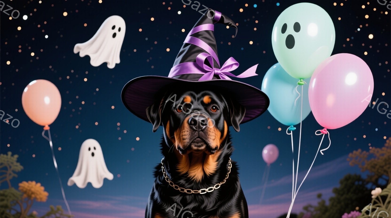 黒い毛並みのドーベルマンが、ハロウィーン風の帽子を被り、首輪をつけて正面を見据えています。背景には、ピンクや水色の風船、そして白い幽霊が浮かび、夕焼けのようなグラデーションが広がっています。全体的に、可愛らしく少しユーモラスなハロウィーンの雰囲気が漂っています。