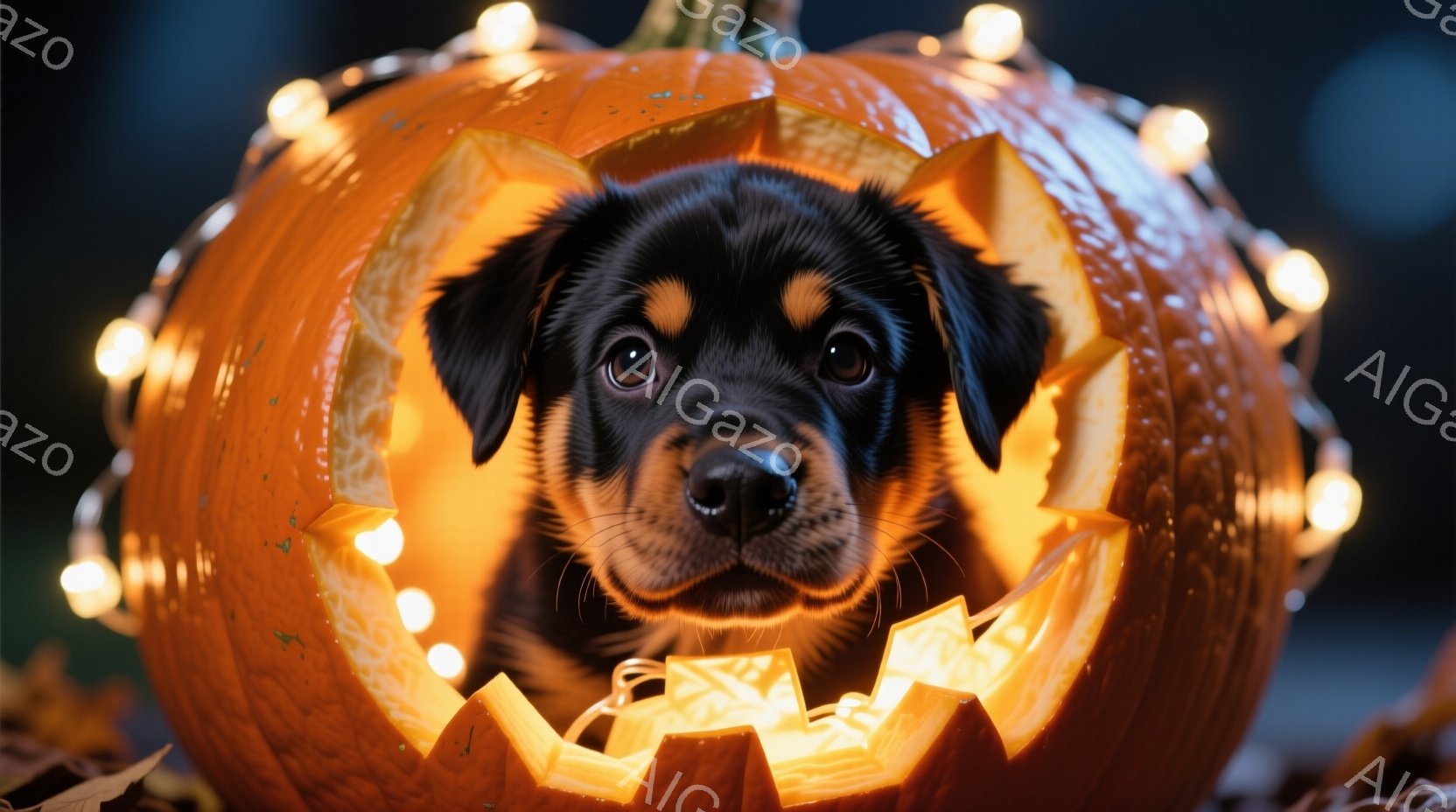 小さな黒と茶色の犬が、くり抜かれたハロウィンのカボチャの中に頭を出しています。犬は正面を見ており、好奇心と少し戸惑った表情をしています。カボチャの周りにはオレンジ色の光が灯っており、背景には秋の落ち葉 - AI生成フリー素材