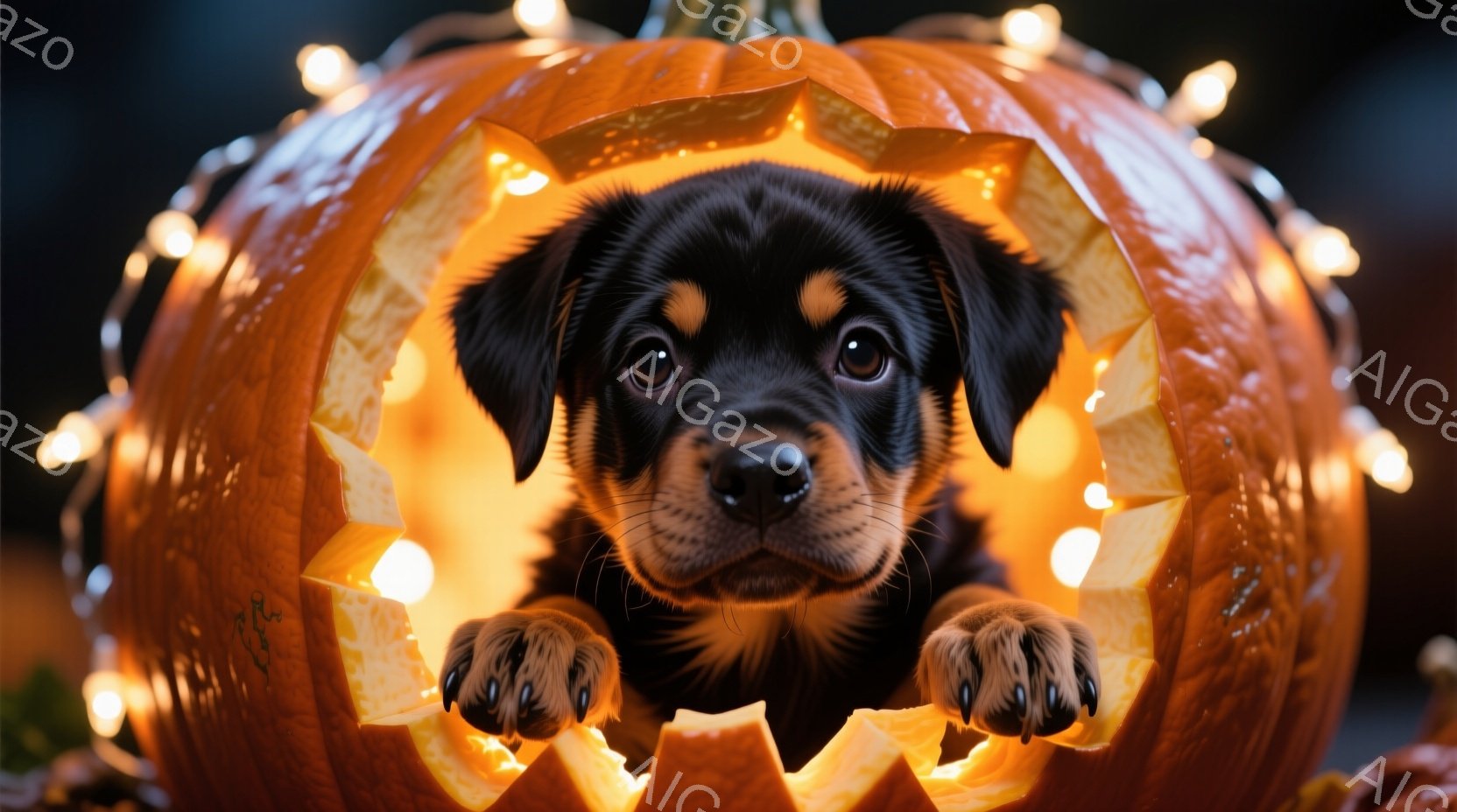 暗い背景に、くり抜かれたオレンジ色のカボチャの中に、茶色と黒の毛並みをした小さな子犬が顔を出しています。子犬は前足をカボチャの縁にかけ、少し上目遣いでカメラを見ており、愛らしい表情をしています。カボチ - AI生成フリー素材