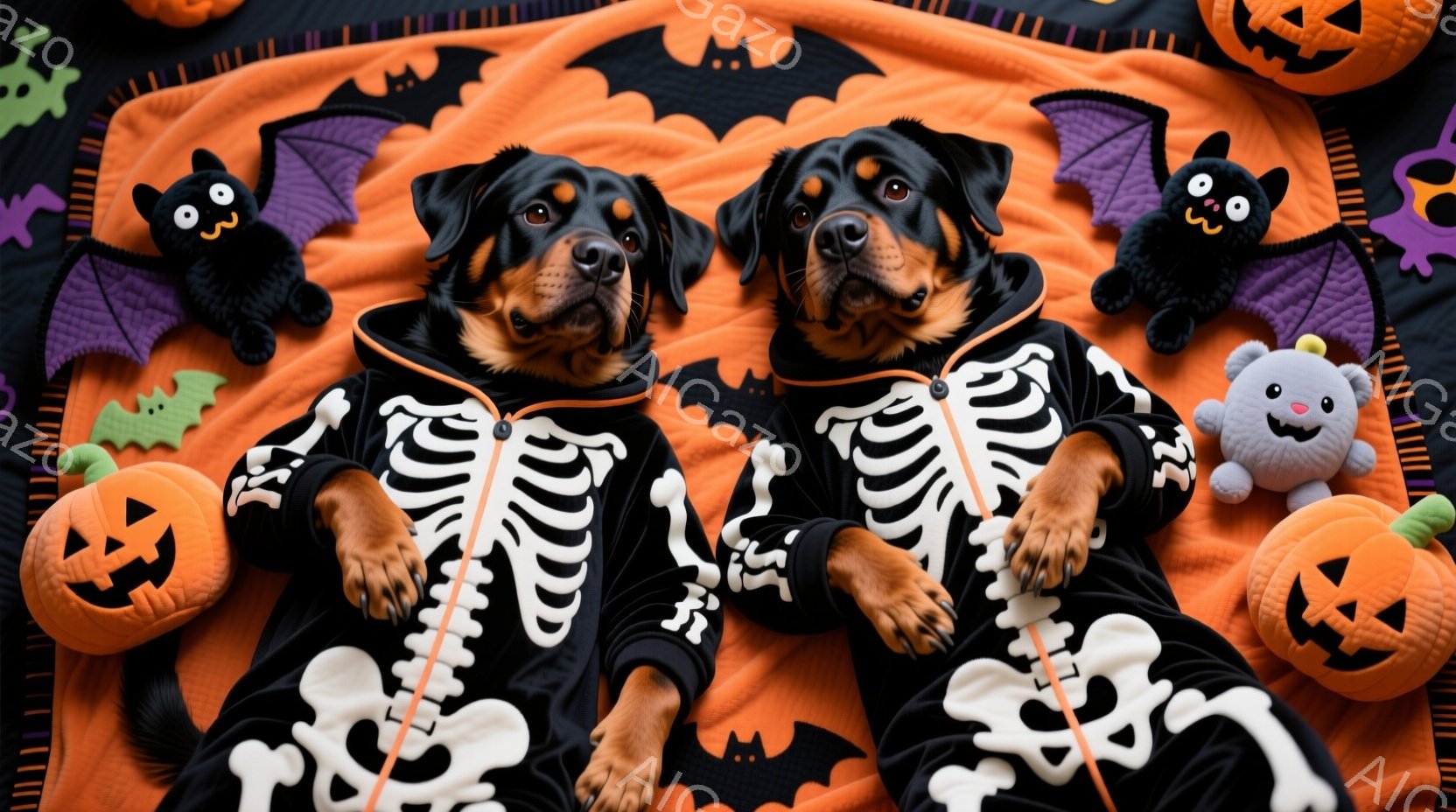 ハロウィーンの背景に、骨格模様の衣装を着た2匹のドーベルマンが写っています。犬たちはオレンジ色の背景の上に横たわり、リラックスした表情でカメラを見ています。背景には、カボチャやお化けのぬいぐるみなどの - AI生成フリー素材